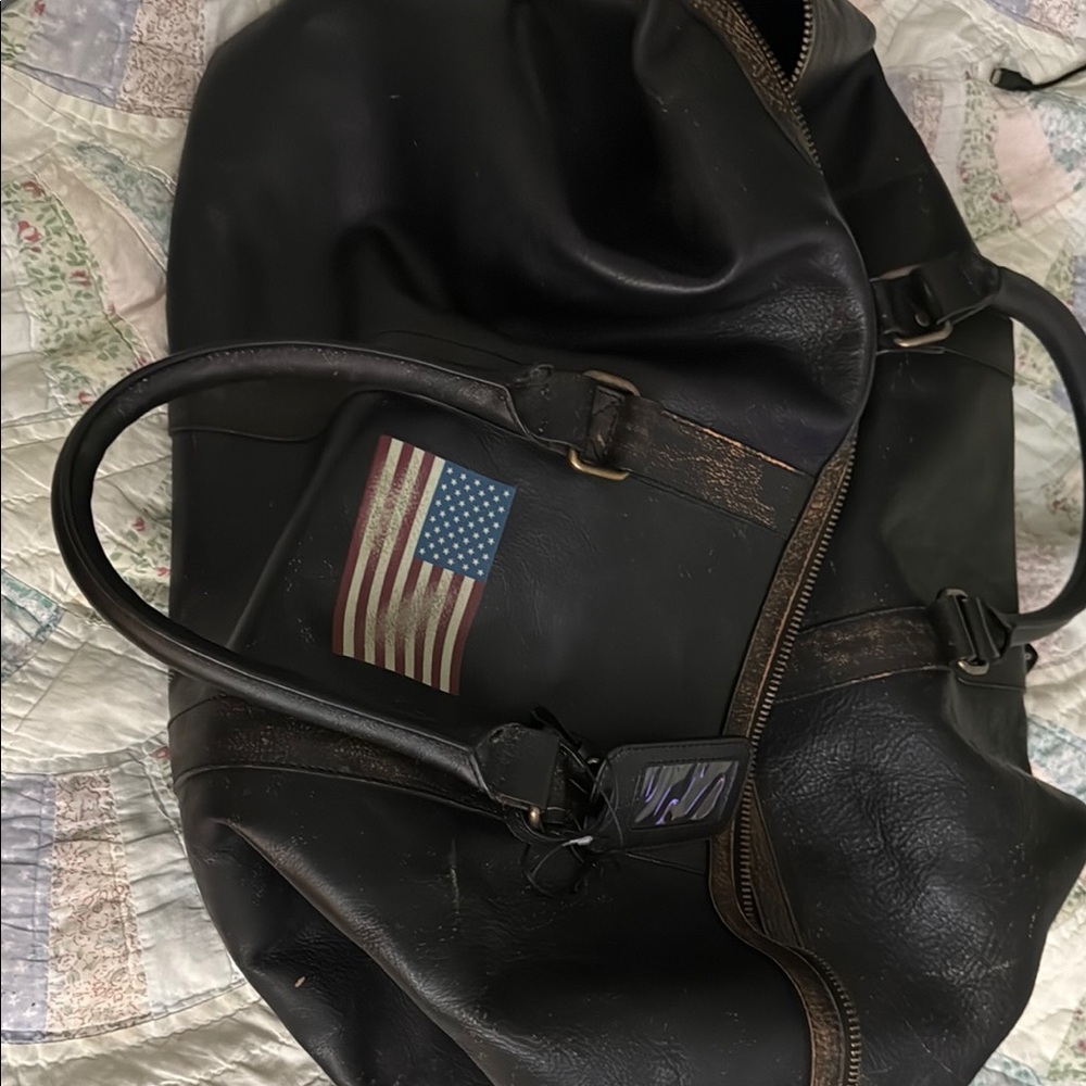 Men's Black Leather Bag with American Flag Patch